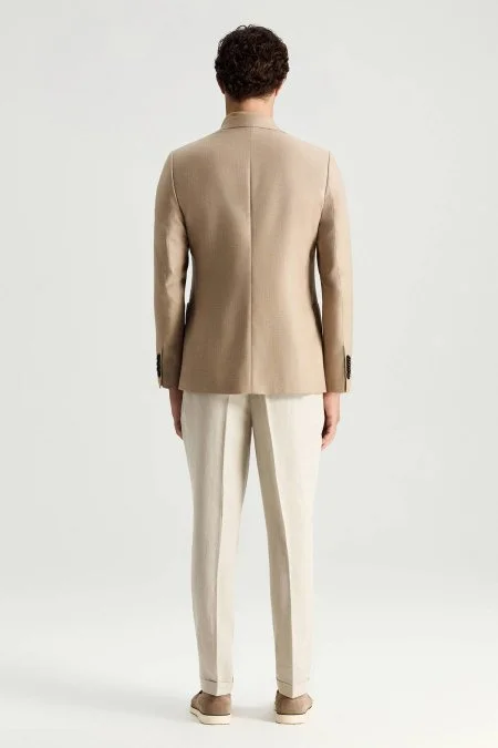 Yün-İpek-Keten Karışım Açık Bej Blazer Ceket