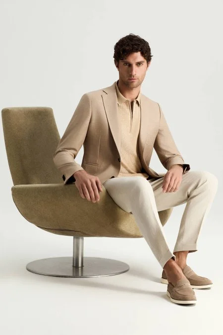 Yün-İpek-Keten Karışım Açık Bej Blazer Ceket