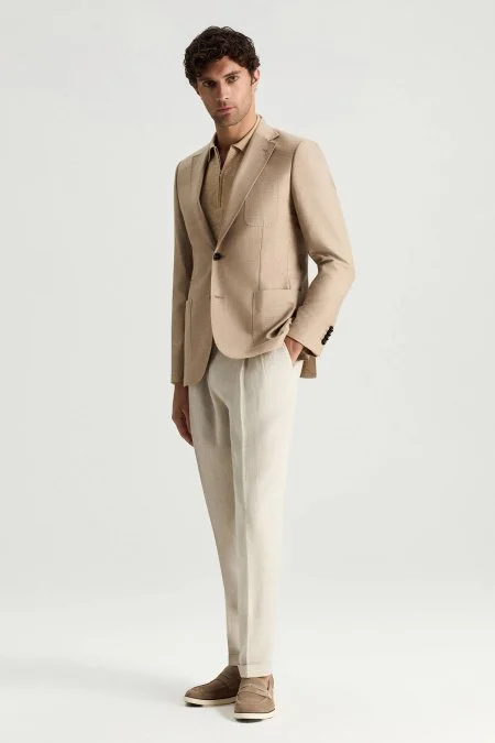 Yün-İpek-Keten Karışım Açık Bej Blazer Ceket