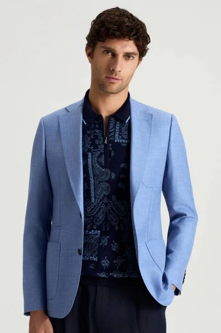 Yün-İpek-Keten Karışım Açık Mavi Blazer Ceket