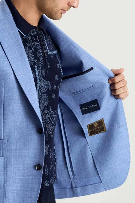 Yün-İpek-Keten Karışım Açık Mavi Blazer Ceket