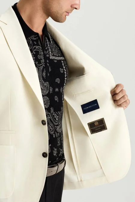 Yün-İpek-Keten Karışım Beyaz Blazer Ceket