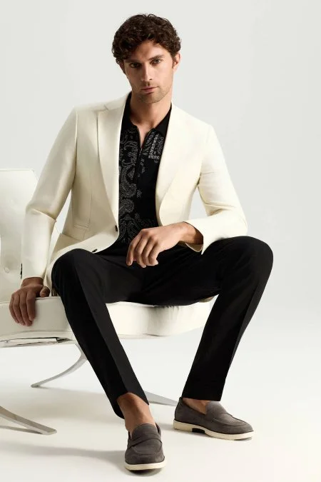 Yün-İpek-Keten Karışım Beyaz Blazer Ceket