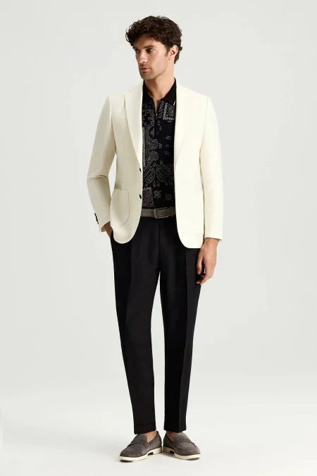 Yün-İpek-Keten Karışım Beyaz Blazer Ceket