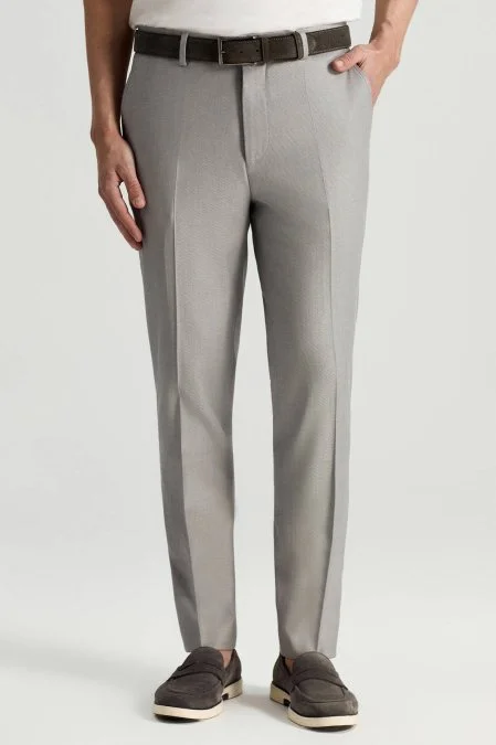 Yün Karışımlı Armür Desenli Açık Gri Chino Pantolon