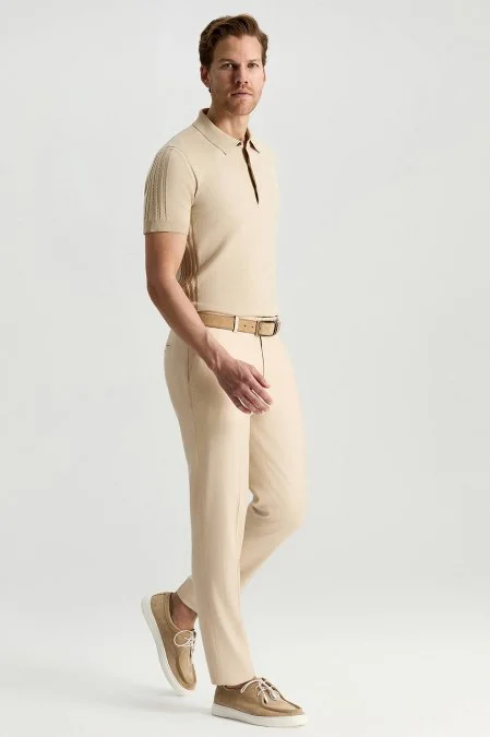 Yün Karışımlı Armür Desenli Bej Chino Pantolon