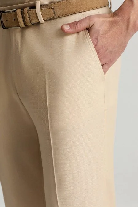 Yün Karışımlı Armür Desenli Bej Chino Pantolon