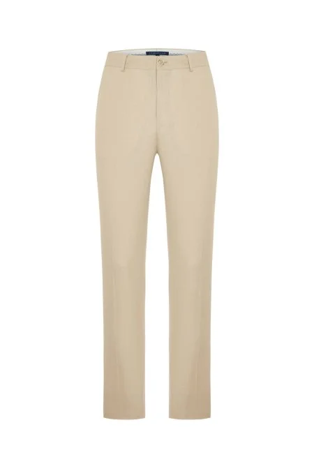 Yün Karışımlı Armür Desenli Bej Chino Pantolon