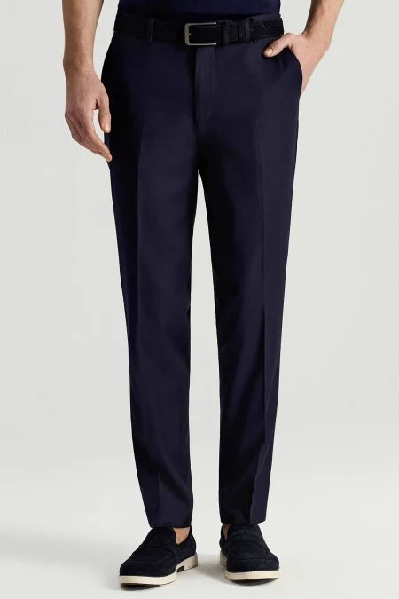 Yün Karışımlı Armür Desenli Mavi Chino Pantolon