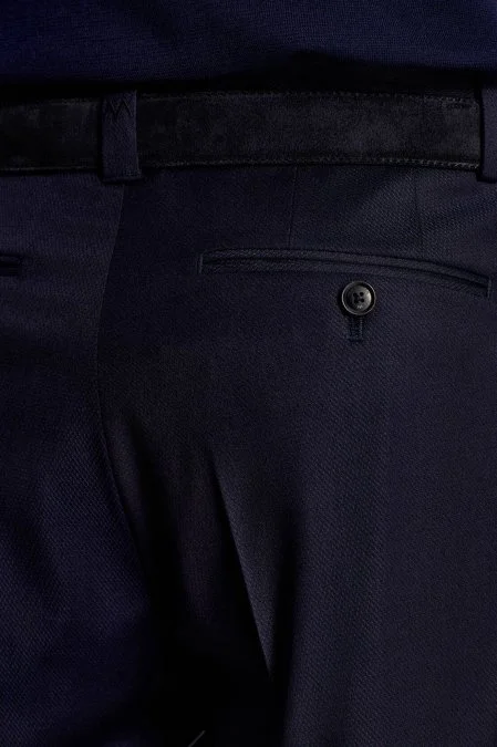 Yün Karışımlı Armür Desenli Mavi Chino Pantolon