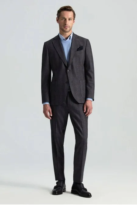 Yün Kaşmir Antrasit Ekose Desenli Flanel Pantolon