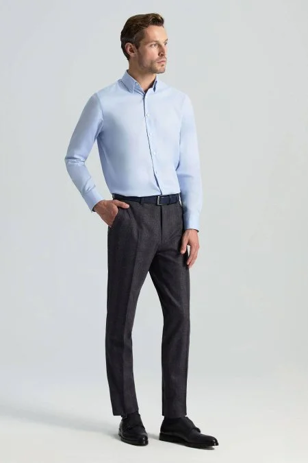 Yün Kaşmir Antrasit Ekose Desenli Flanel Pantolon