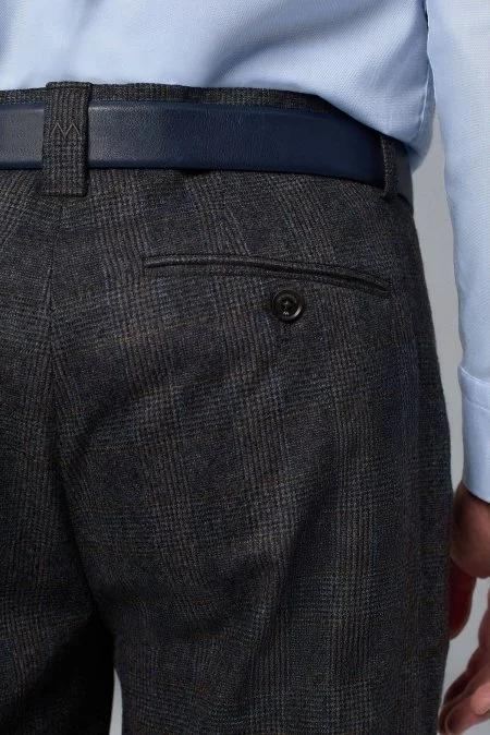 Yün Kaşmir Antrasit Ekose Desenli Flanel Pantolon