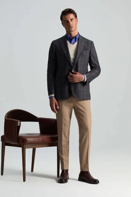 Yün Kaşmir Camel Flanel Chino Pantolon