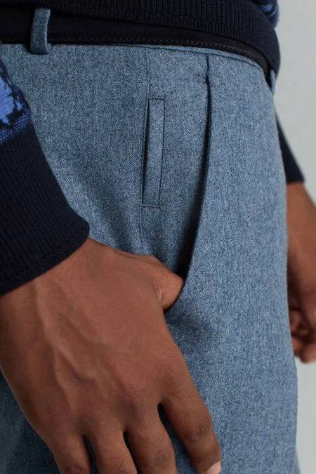 Yün Kaşmir Çelik Mavi Flanel Chino Pantolon