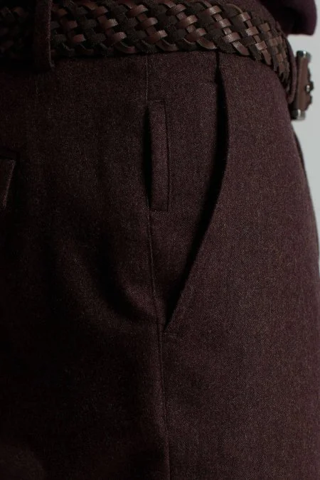 Yün Kaşmir Kahverengi Flanel Chino Pantolon