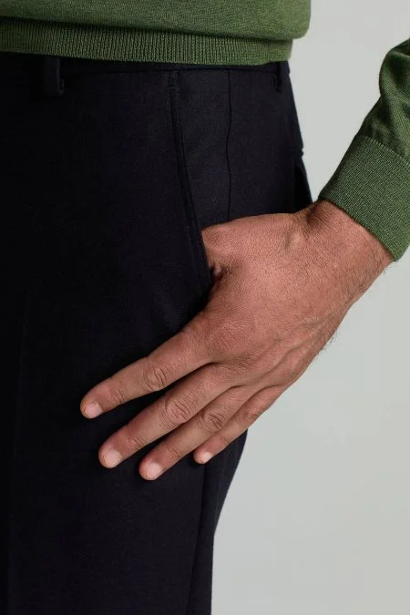 Yün Kaşmir Koyu Mavi Flanel Chino Pantolon