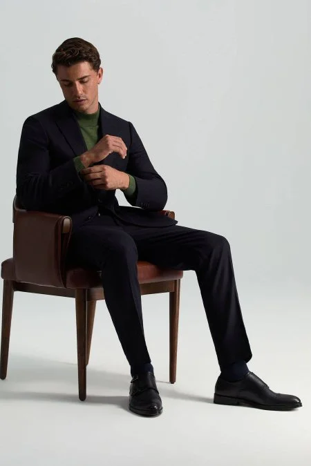 Yün Kaşmir Koyu Mavi Flanel Chino Pantolon