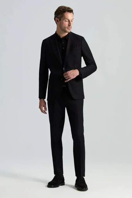 Yün Kaşmir Siyah Flanel Chino Pantolon