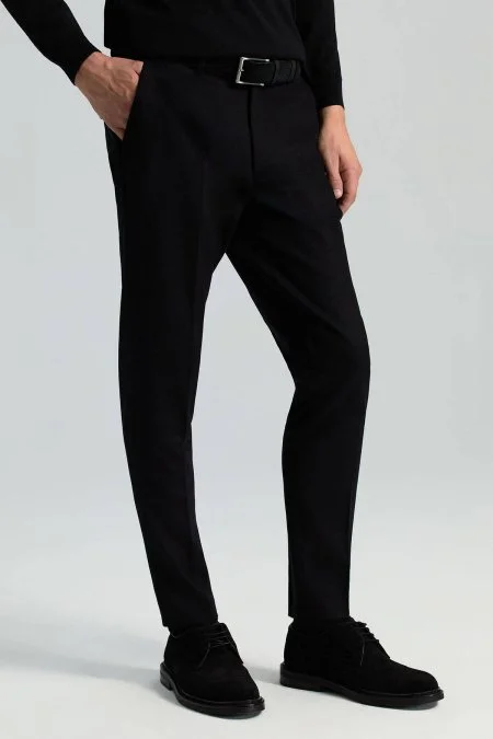Yün Kaşmir Siyah Flanel Chino Pantolon