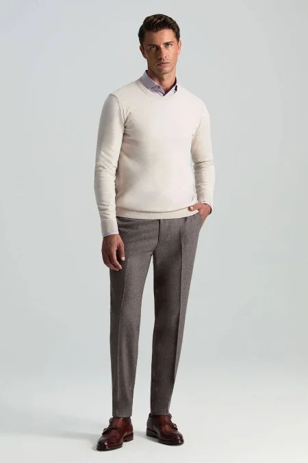 Yün Kaşmir Vizon Rengi Flanel Chino Pantolon