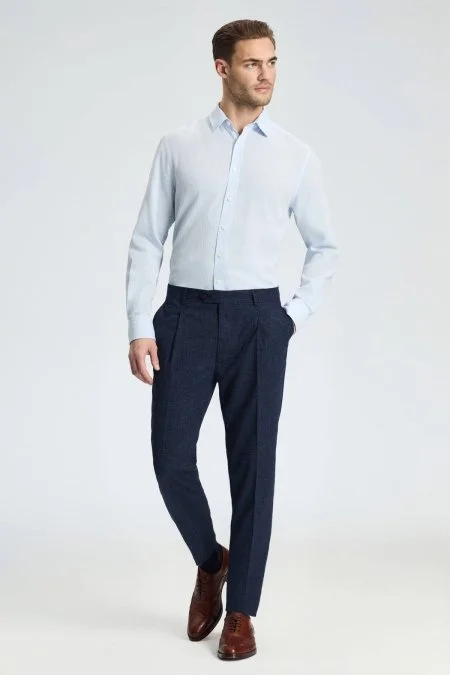 Yün-Pamuk Karışım Lacivert Klasik Dokuma Pantolon