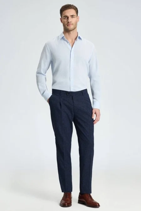 Yün-Pamuk Karışım Lacivert Klasik Dokuma Pantolon