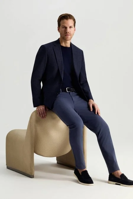 Keten Yün Karışım Lacivert Yazlık Blazer Ceket