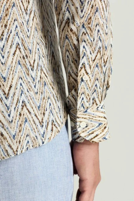 Zigzag Desen Bej Açık Mavi Saf Keten Gömlek