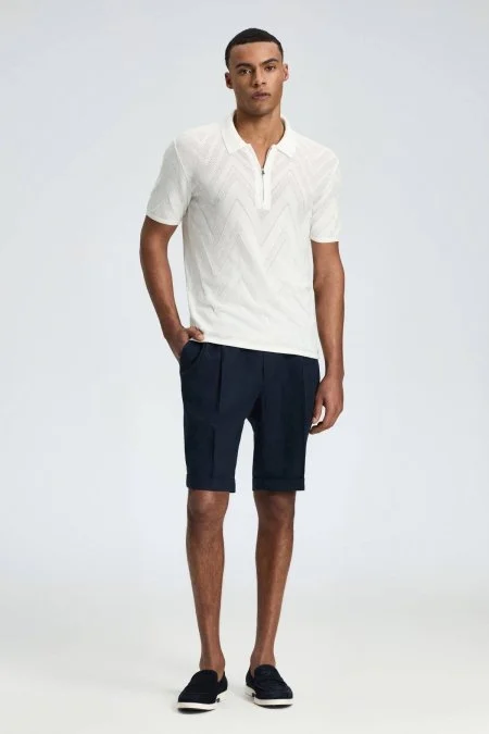 Zigzag Desen Beyaz Giza Pamuk Triko Polo