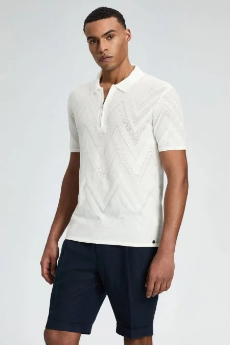Zigzag Desen Beyaz Giza Pamuk Triko Polo