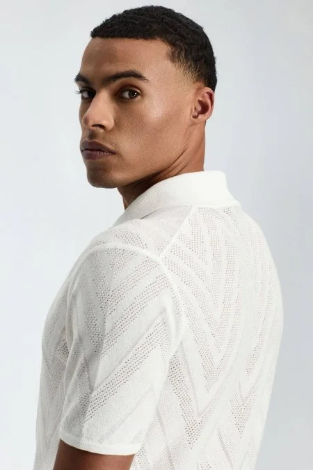 Zigzag Desen Beyaz Giza Pamuk Triko Polo