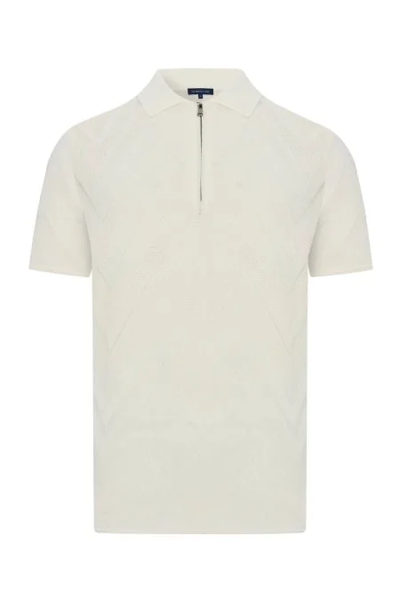 Zigzag Desen Beyaz Giza Pamuk Triko Polo