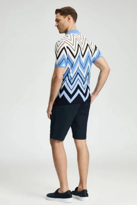 Zigzag Desen Beyaz-Mavi Giza Pamuk Triko Polo