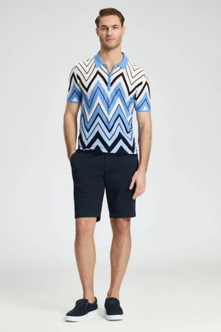 Zigzag Desen Beyaz-Mavi Giza Pamuk Triko Polo