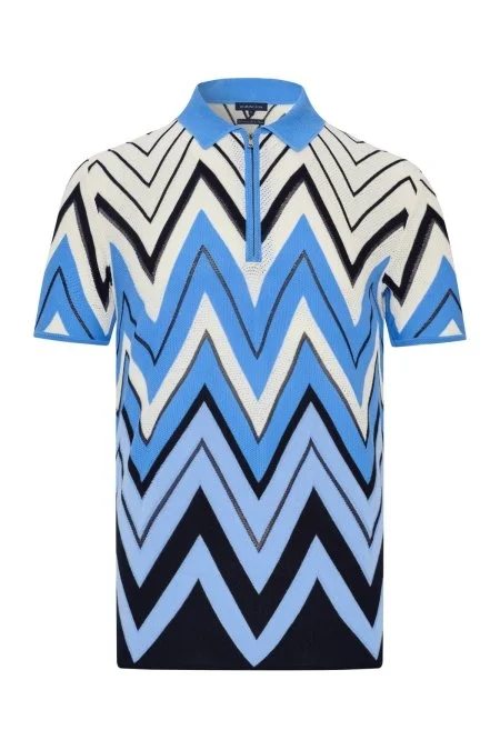 Zigzag Desen Beyaz-Mavi Giza Pamuk Triko Polo