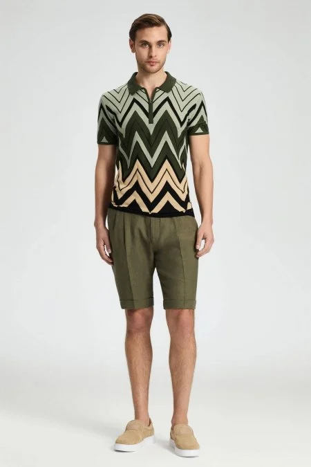 Zigzag Desen Haki-Bej Giza Pamuk Triko Polo