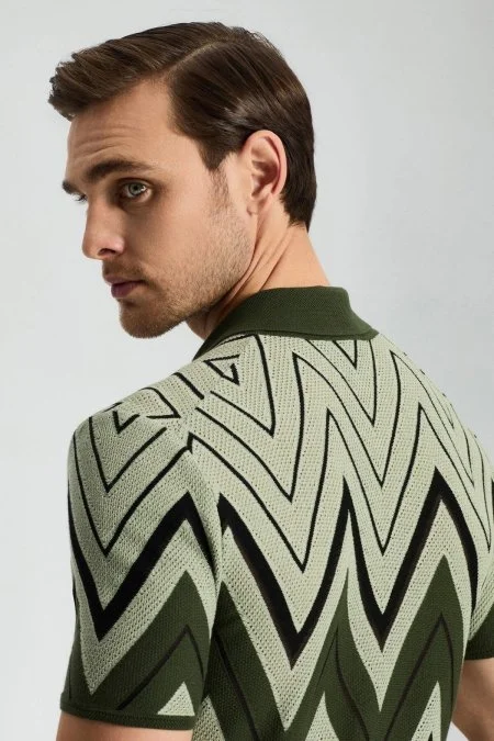 Zigzag Desen Haki-Bej Giza Pamuk Triko Polo