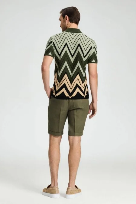 Zigzag Desen Haki-Bej Giza Pamuk Triko Polo