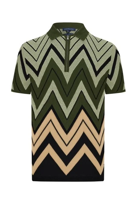 Zigzag Desen Haki-Bej Giza Pamuk Triko Polo