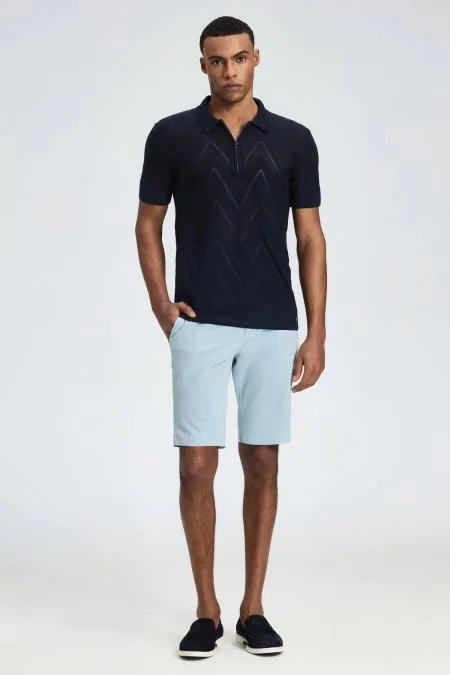 Zigzag Desen Lacivert Giza Pamuk Triko Polo