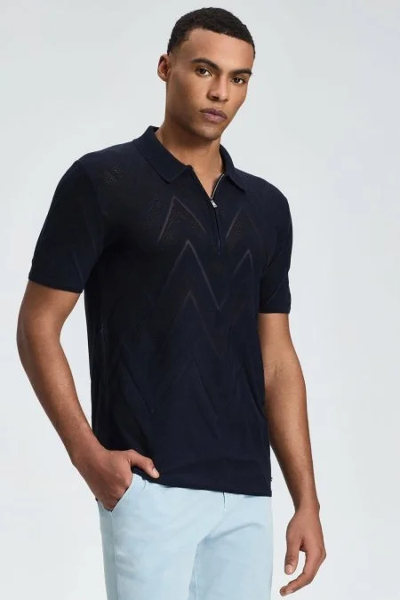 Zigzag Desen Lacivert Giza Pamuk Triko Polo