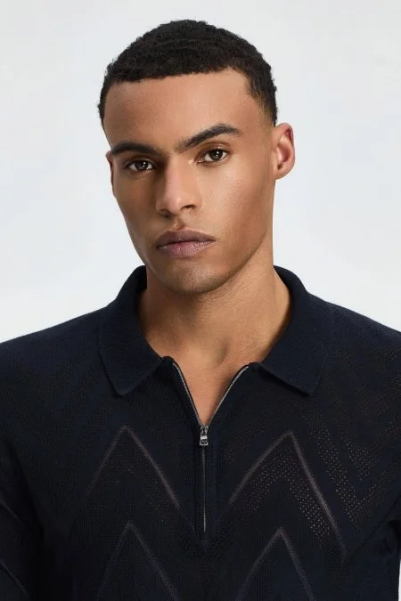 Zigzag Desen Lacivert Giza Pamuk Triko Polo