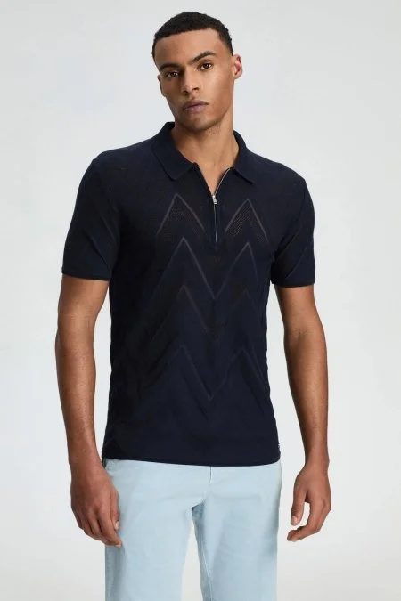 Zigzag Desen Lacivert Giza Pamuk Triko Polo