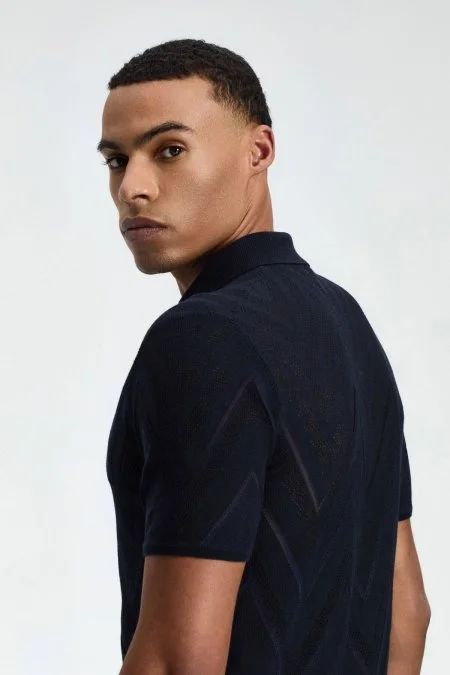 Zigzag Desen Lacivert Giza Pamuk Triko Polo