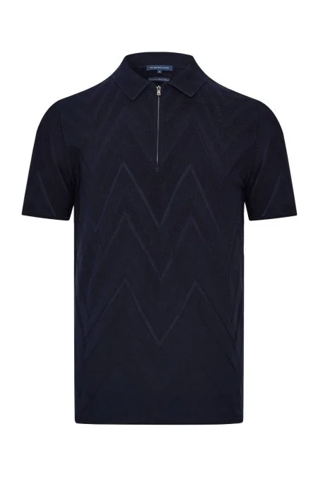 Zigzag Desen Lacivert Giza Pamuk Triko Polo
