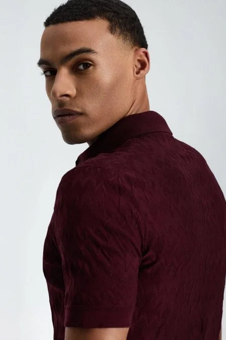 Zigzag Desen Merserize Pamuk Bordo Triko Polo