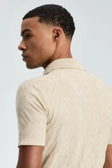 Zigzag Desen Merserize Pamuk Krem Rengi Triko Polo