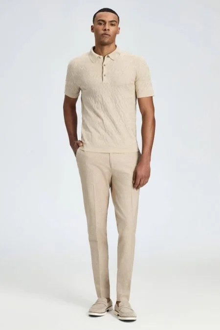 Zigzag Desen Merserize Pamuk Krem Rengi Triko Polo