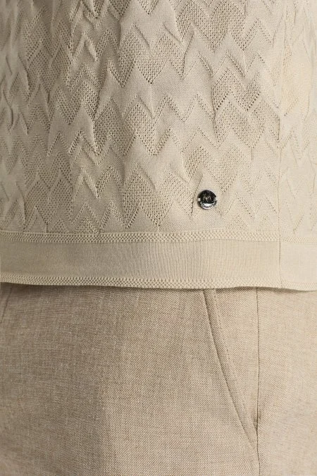 Zigzag Desen Merserize Pamuk Krem Rengi Triko Polo